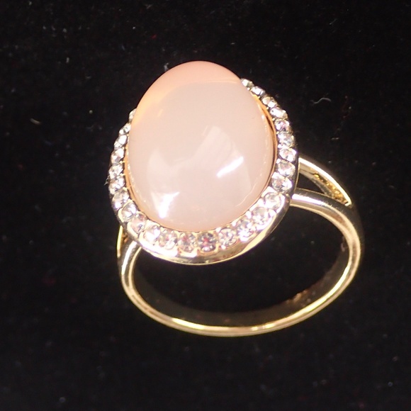Jewelry - Pink Cabochon Gemstone Ring with Pave White Zircon Gold Tone Halo Ring Sz 10.25